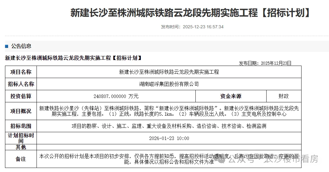 招标丨160公里/小时,采用磁浮制式,新建长沙至株洲城际铁路云龙段先期实施工程(图1) 招标1.png