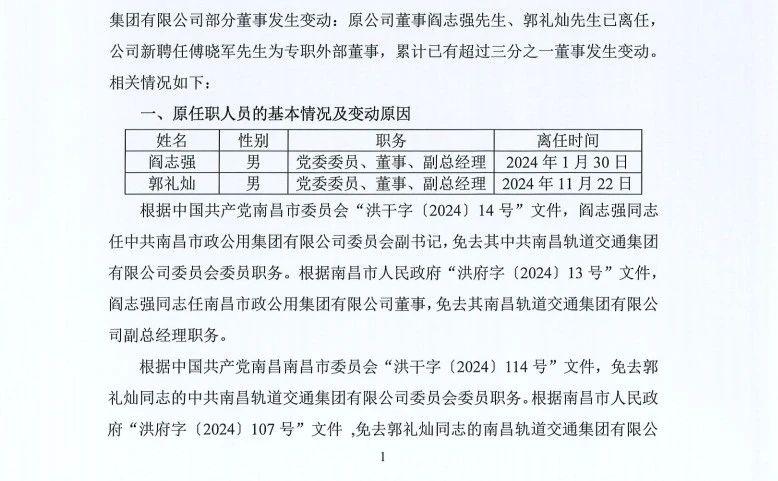 南昌轨道交通超1/3董事变动临时公告(图2)